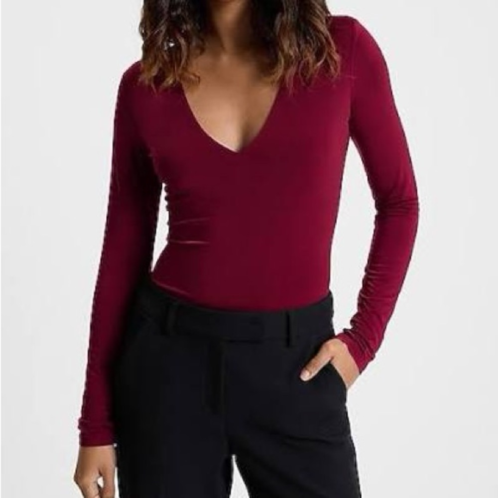 Body Contour Long Sleeve Deep V-Neck Bodysuit Burgundy | Express One Eleven